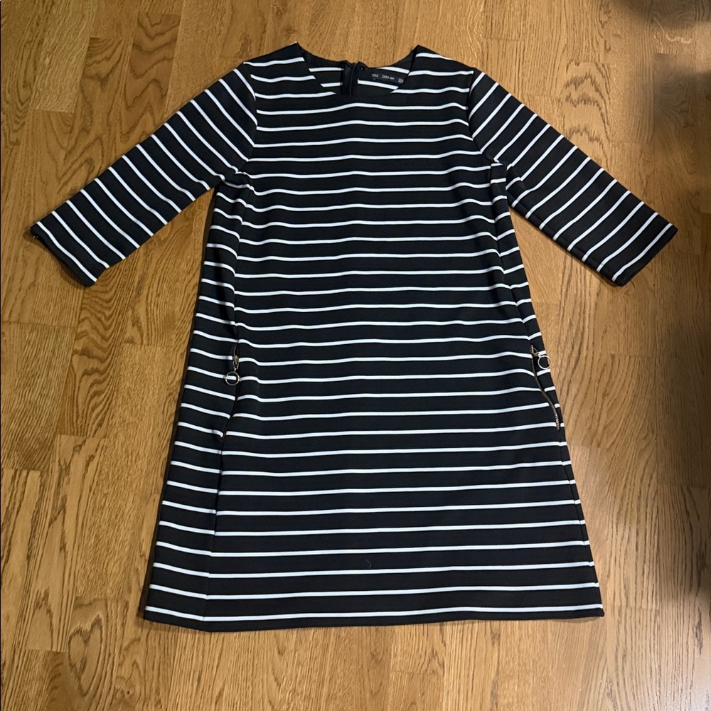 Zara Navy and White Striped Long Sleeve Dress